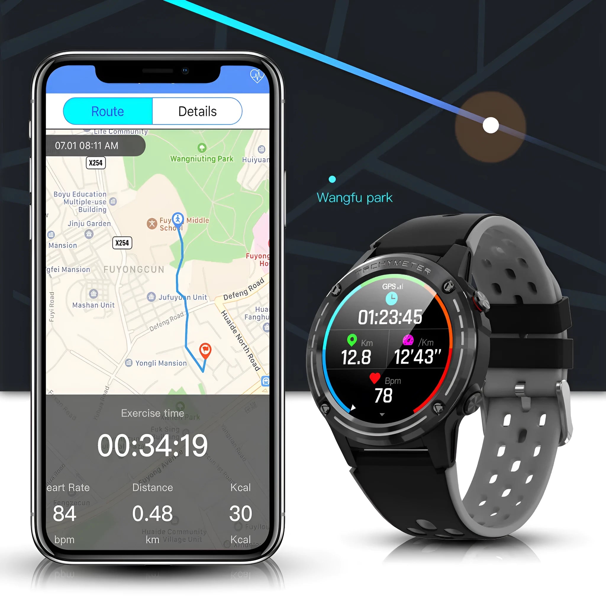 GPS smart watch with silicone sports bracelet in blue, black, cyan, or silver black colour