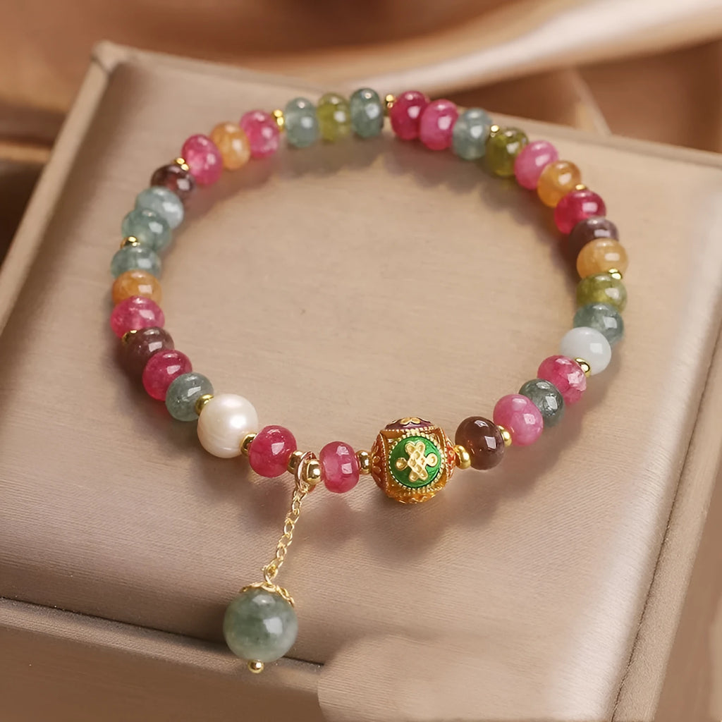 Natural colour tourmaline abacus beads jade bracelet with pearl accents for women ethnic style