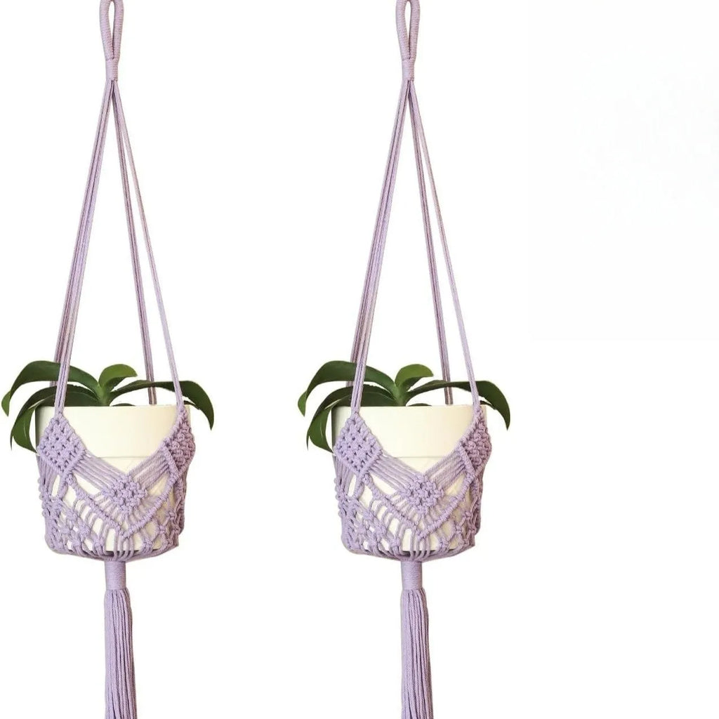 Hand-woven polyester cotton flower pot with net pocket extension cord in brown colour