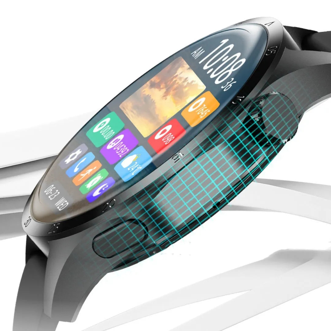 Black smartwatch with Bluetooth calling on a silicone strap, showing a TFT touch screen displaying health metrics.