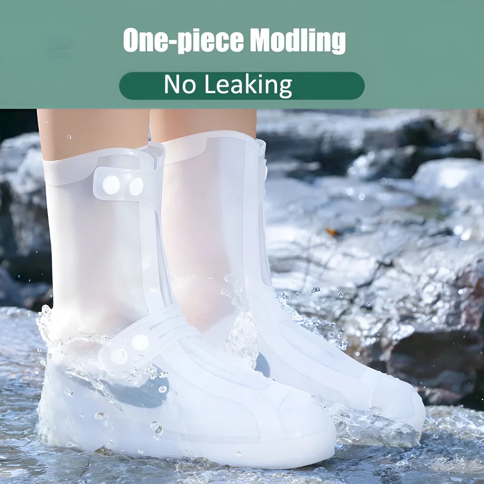 White high-top PVC reusable shoe covers for women, shown on feet.