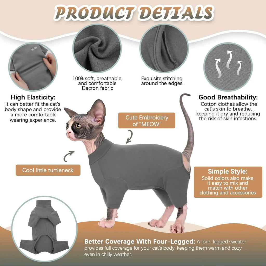 Grey sphynx cat wearing soft turtleneck sweater with two leg openings for winter warmth