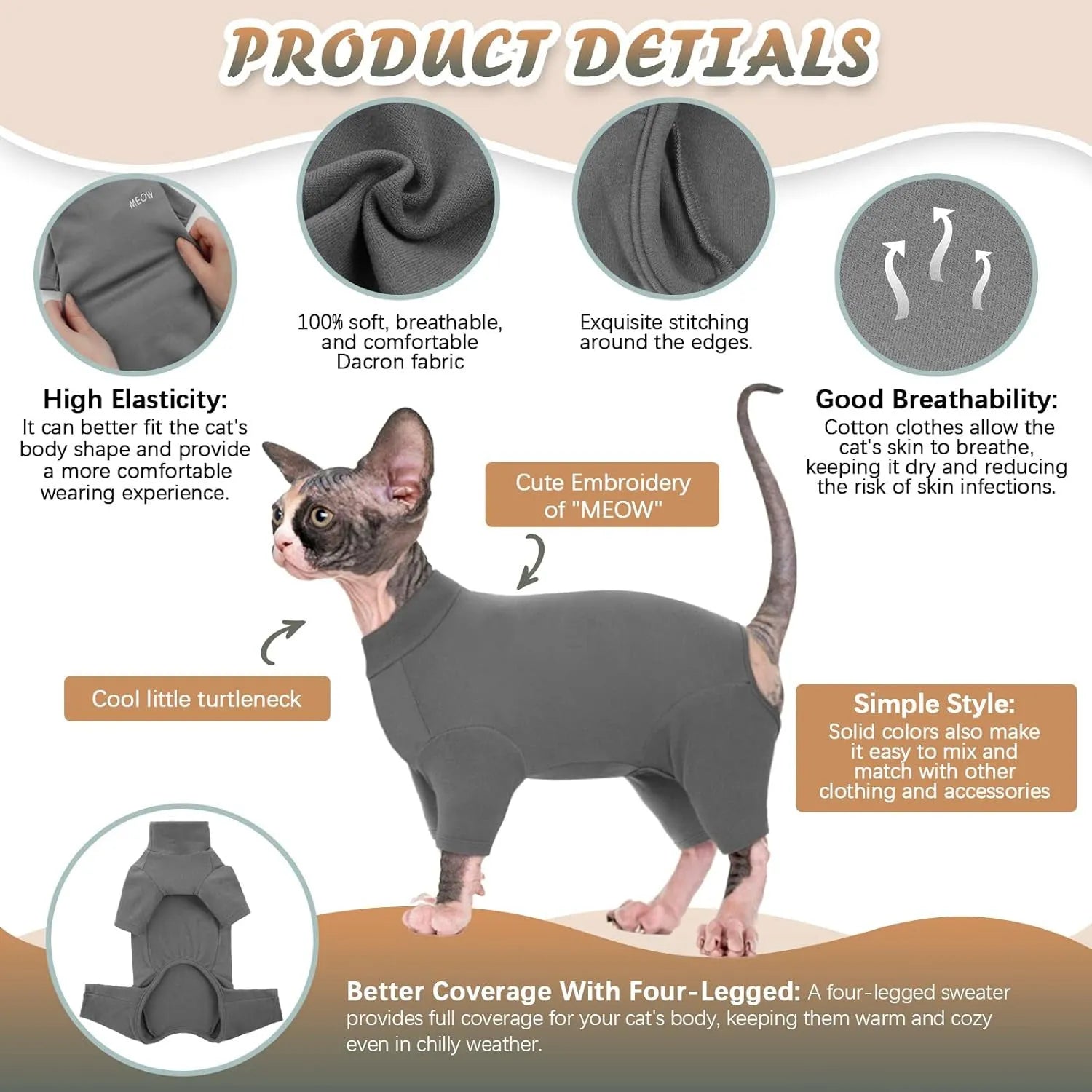 Grey sphynx cat wearing soft turtleneck sweater with two leg openings for winter warmth
