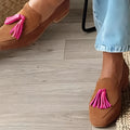 Women's yellowish brown suede loafers with flat heel and round toe, sizes 34-43