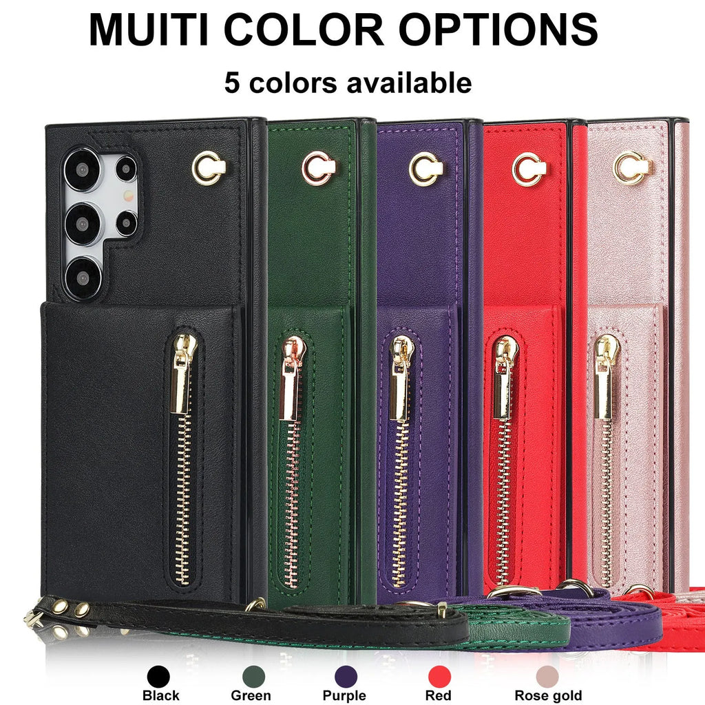 Samsung phone case with card slots and crossbody zipper bracket in Japanese Korean style