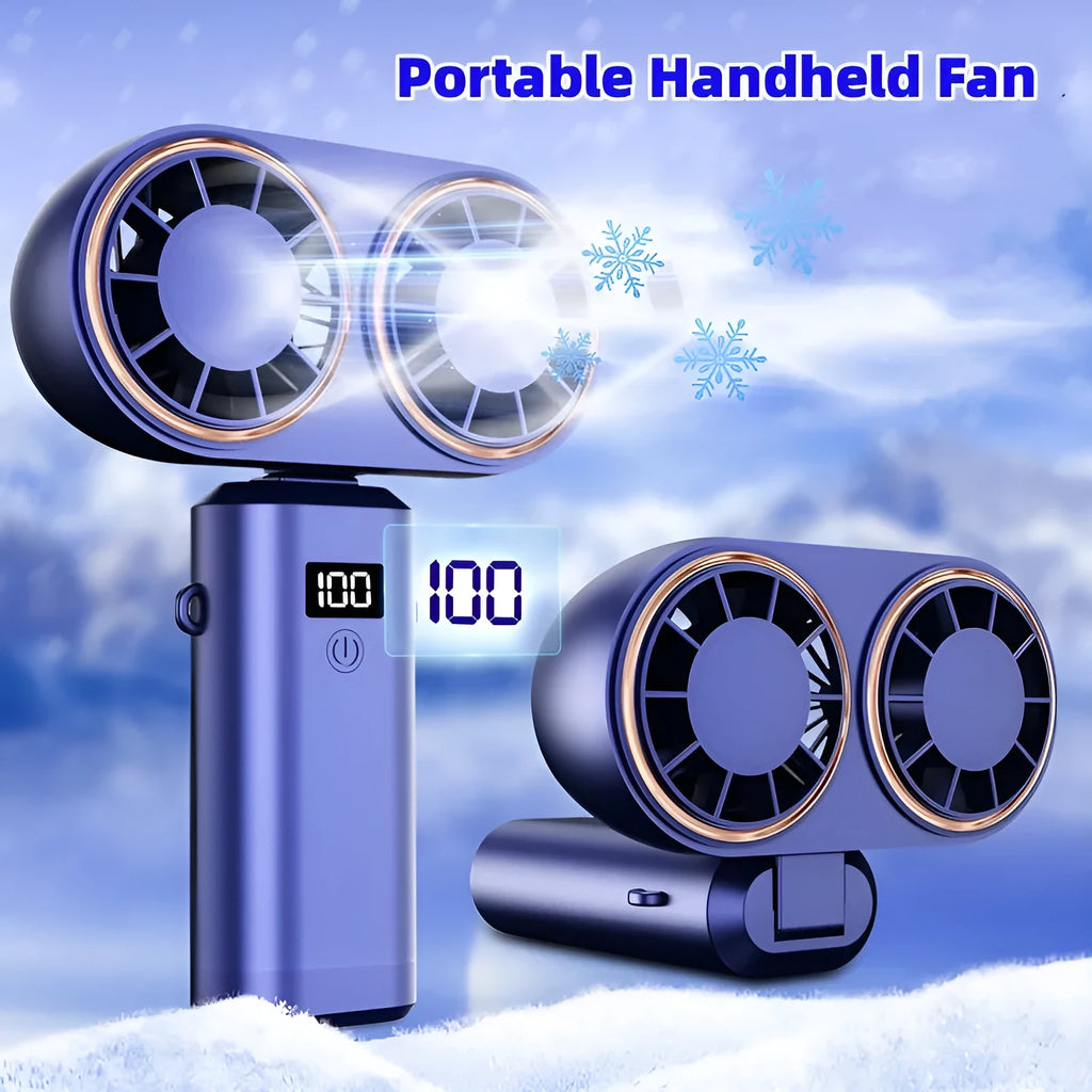 Folding USB handheld mini fan with digital display screen in milky white colour showing 5-speed settings