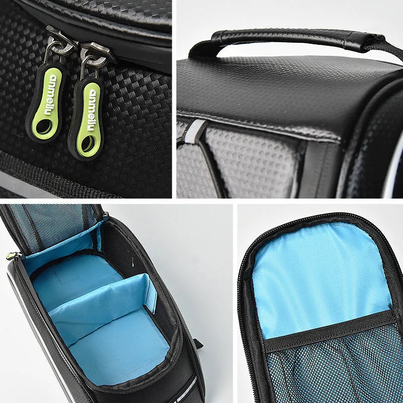 Waterproof black cycling bag mounted on bicycle rack with 8L capacity