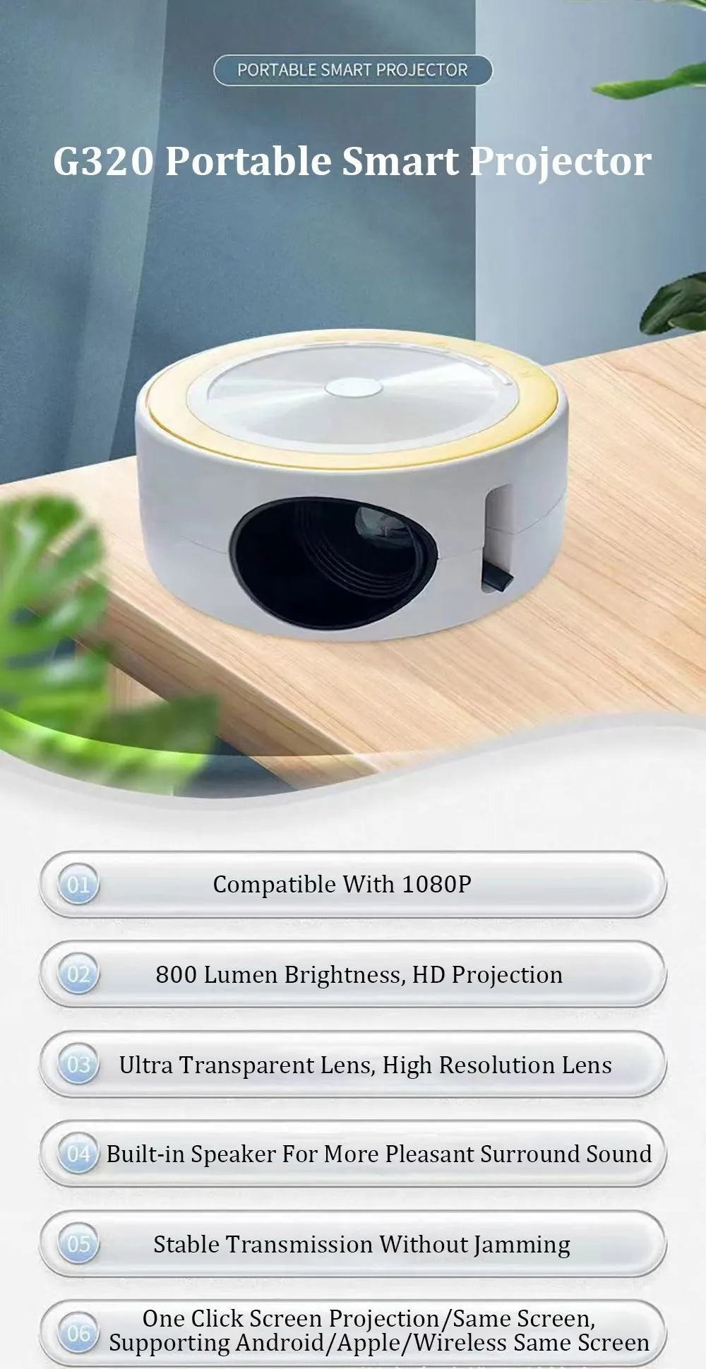 Home wired LED projector with same screen projection in portable 110x47mm design