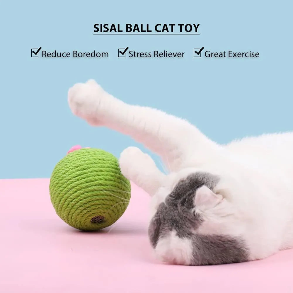 Green cactus-shaped cat activity tower with sisal scratching post and a tumbler ball catnip toy.