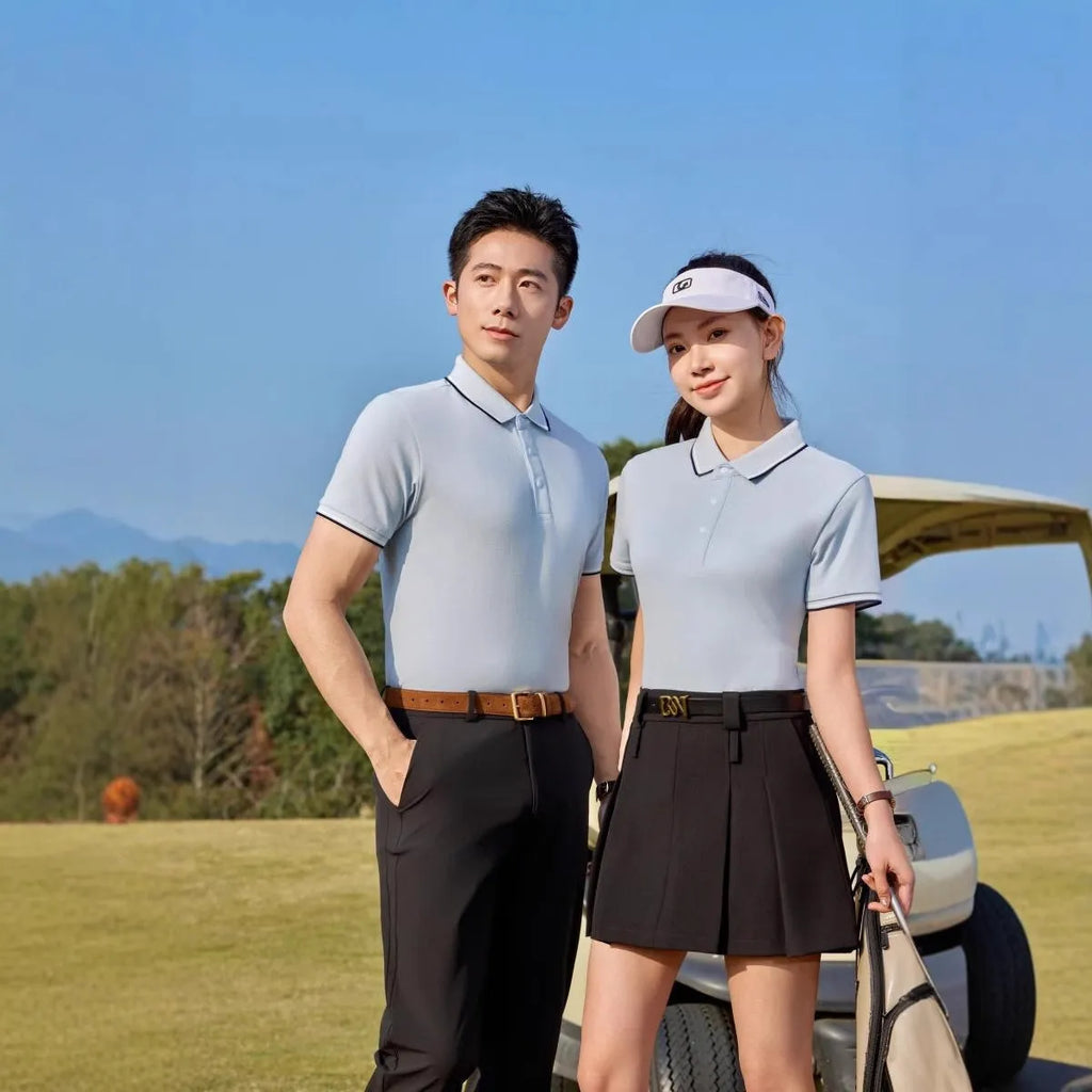 Man wearing a pure cotton short sleeve polo shirt with a lapel collar in a light blue colour.