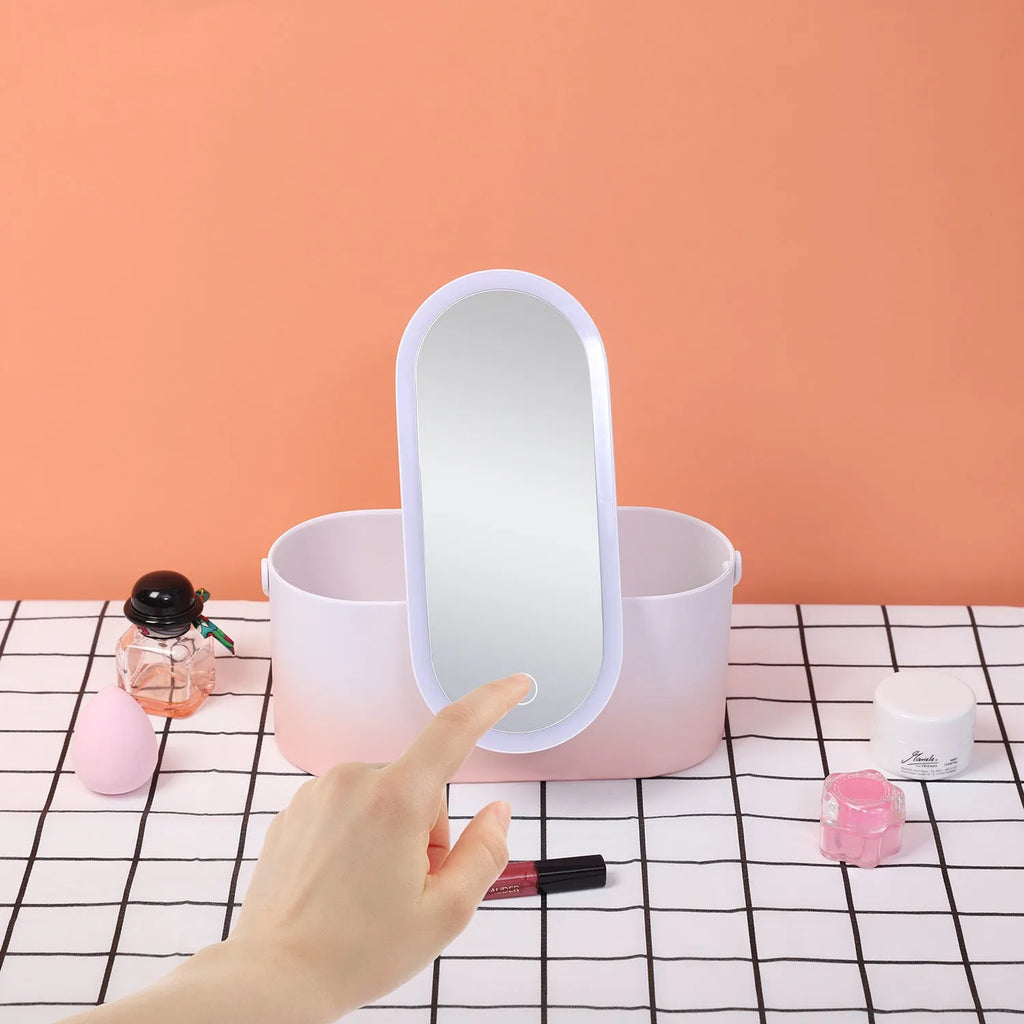 Pink gradient LED makeup mirror storage box with USB charging port