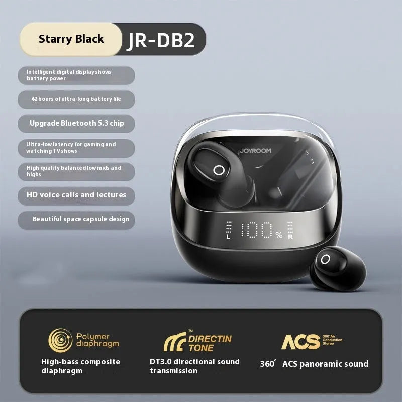 Beige wireless in-ear Bluetooth headphones and charging case on a table with USB-C cable.