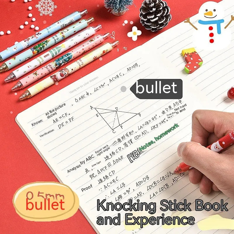 Cartoon design press gel pen set with six black-ink pens in plastic packaging