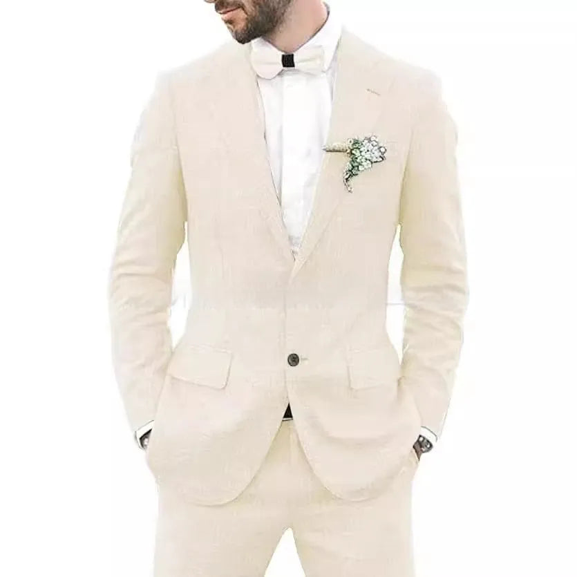 Men's slim fit suit jacket and trousers in hemp blend linen fabric for wedding and business wear