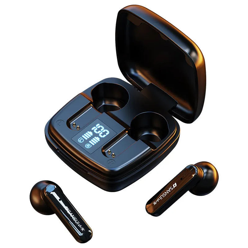 Dark night black and ivory white wireless Bluetooth earphones with semi-in-ear design and digital battery display
