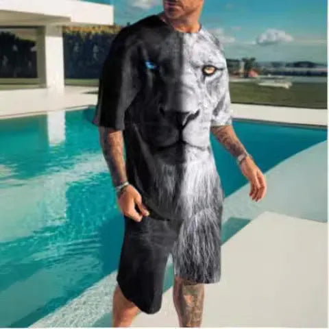 Men's short-sleeved two-piece sports and leisure suit in polyester blend fabric, showing top and shorts set