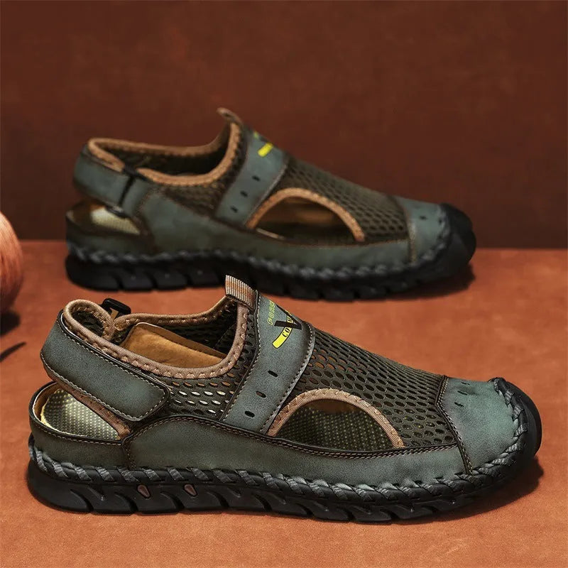 Men's brown genuine leather low-top casual shoes with an elastic band and flat rubber sole.