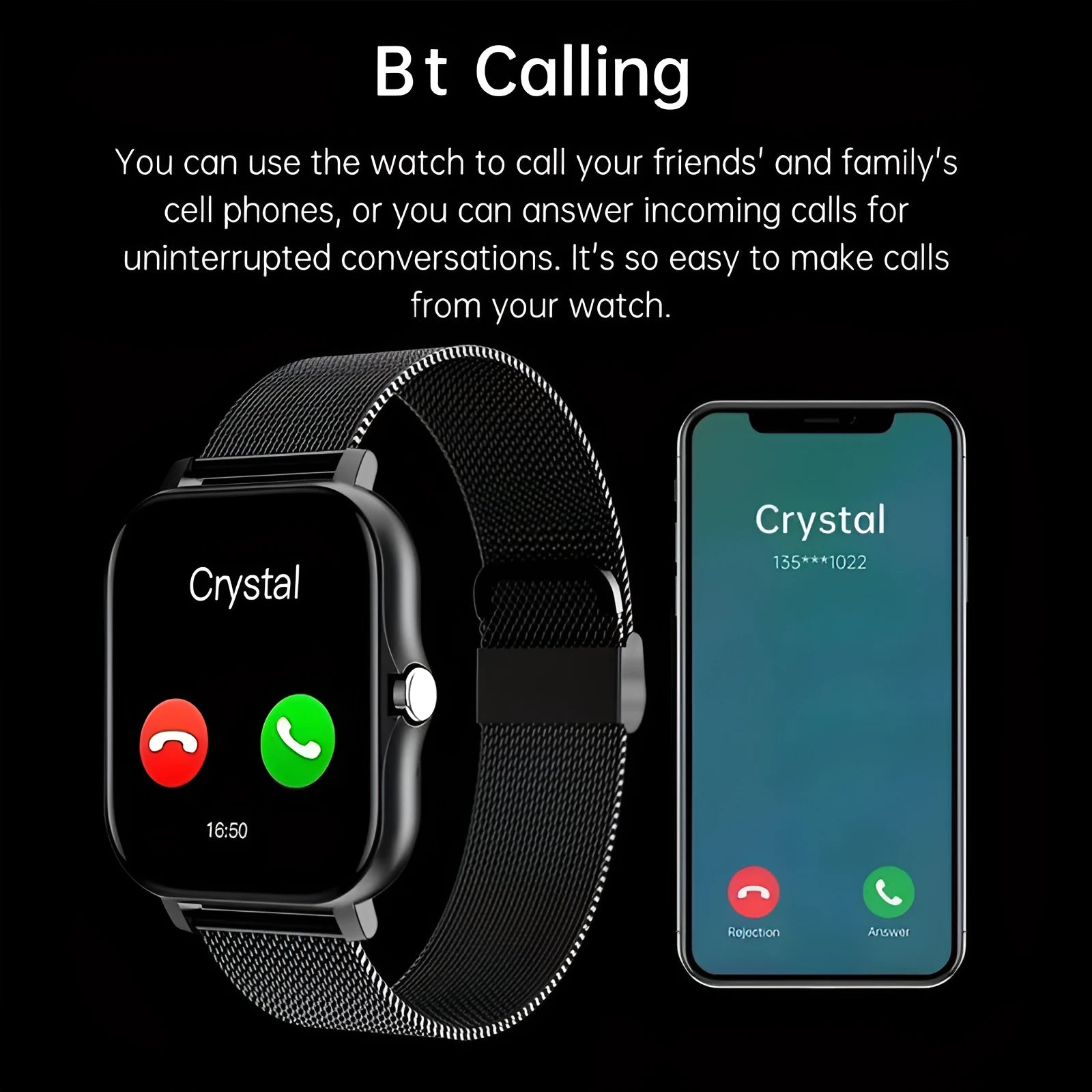 Smart watch with 1.44-inch touchscreen on a silicone strap, showing Bluetooth calling and health tracking display.