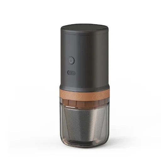 Portable rechargeable espresso maker with 9 bar pump, plastic body, powder and capsule holder, 75mm wide 228mm tall