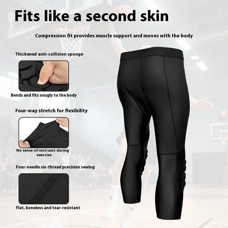 Basketball cropped pants with integrated knee pad anti-collision leggings for men black Lycra polyester mid waist