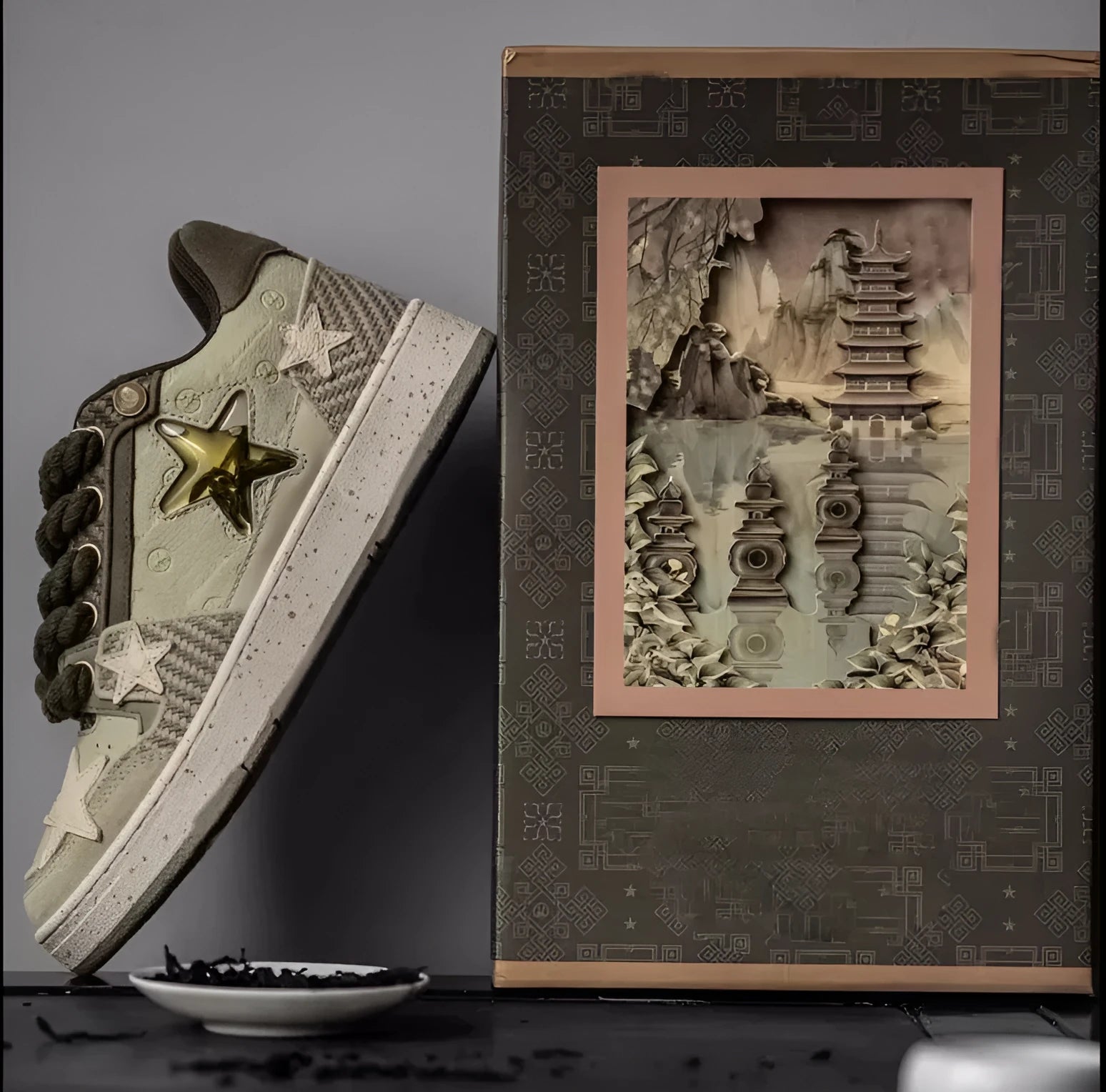 Green China-chic star pattern low-top casual shoes with lace-up front and thick rubber sole.