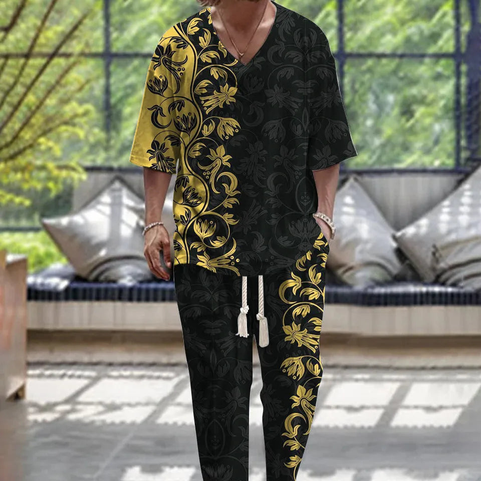 Lightweight polyester trousers suit with cropped sleeve V-neck jacket on a hanger.