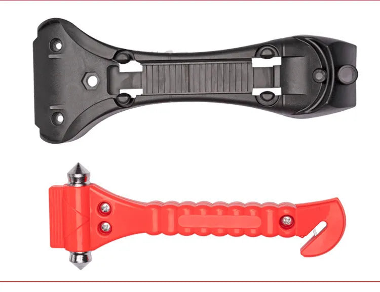 Red car emergency safety hammer with a carbon steel head and seatbelt cutter blade on an ABS plastic handle.
