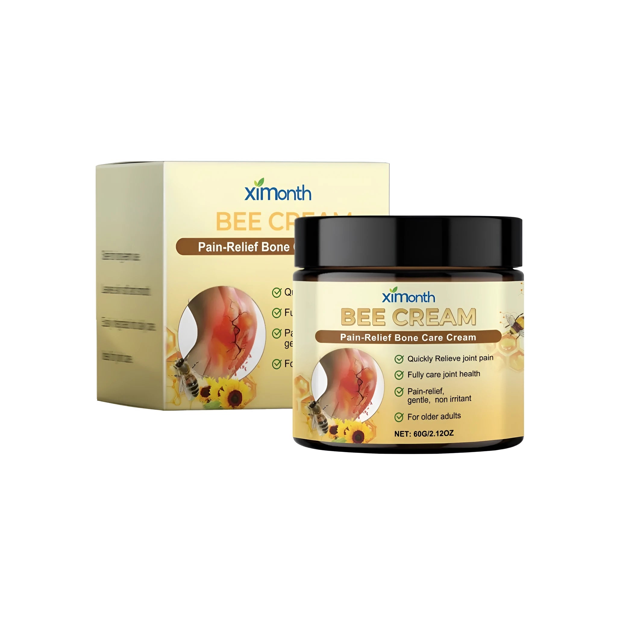 60g tube of pain-relief bone care cream with bee venom, arnica, and glucosamine.