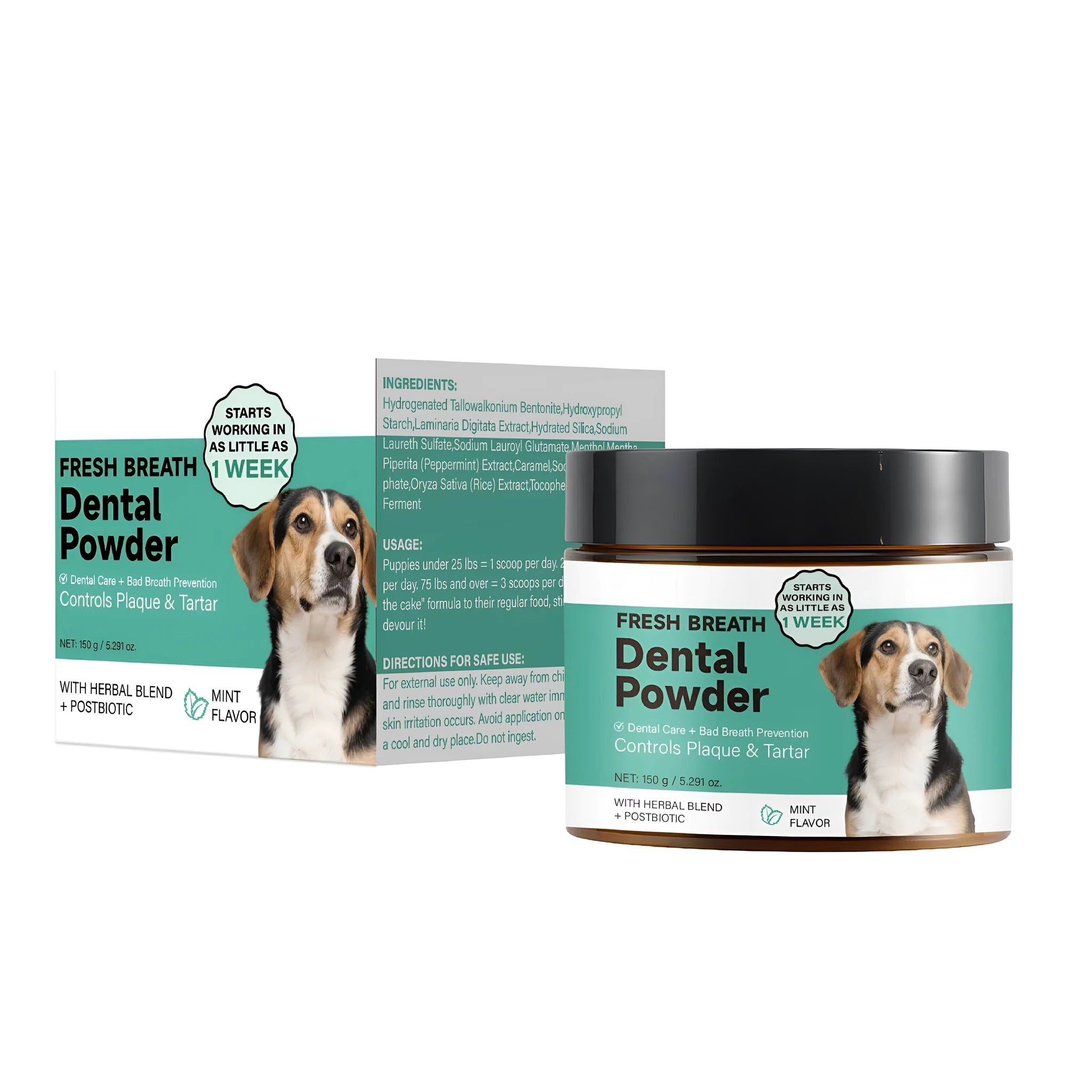 150g tub of mint dog teeth cleaning powder for canine oral hygiene.