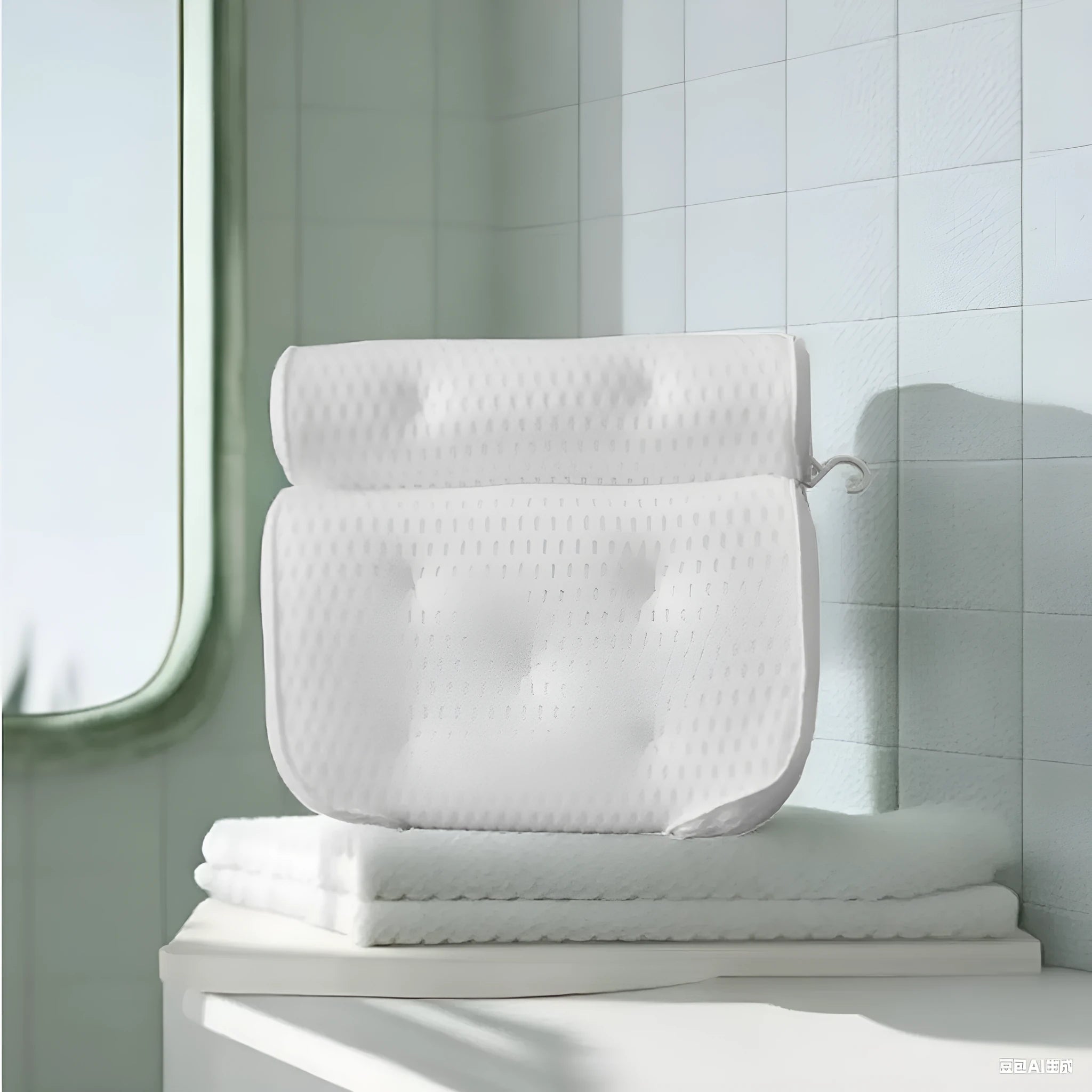 White bathtub pillow with 3D mesh fabric and suction cups on a tub surface.