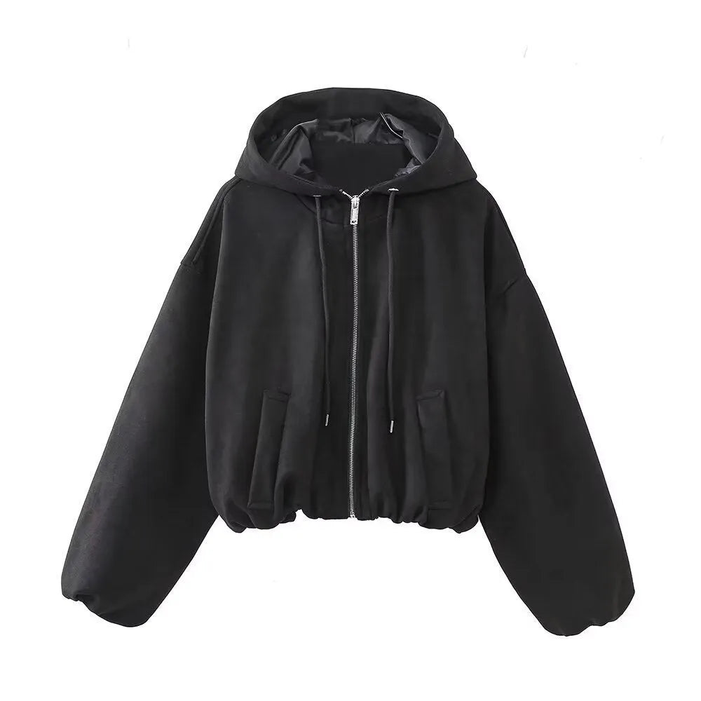 Women's white suede hooded casual jacket on a hanger