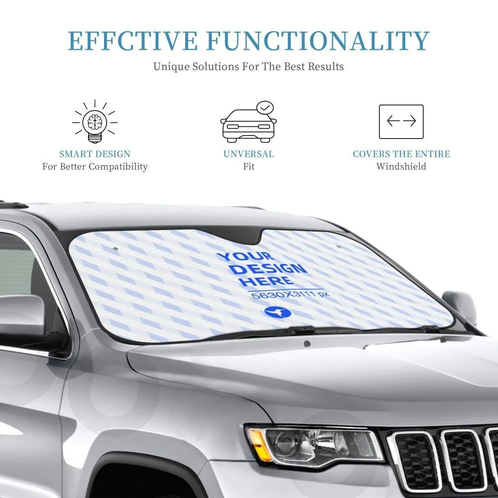 White aluminium foil car windshield sun visor with suction cups on glass