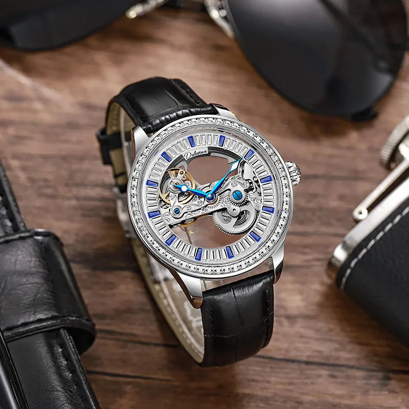 Men's rose gold zircon dial mechanical watch with leather strap and transparent case back.