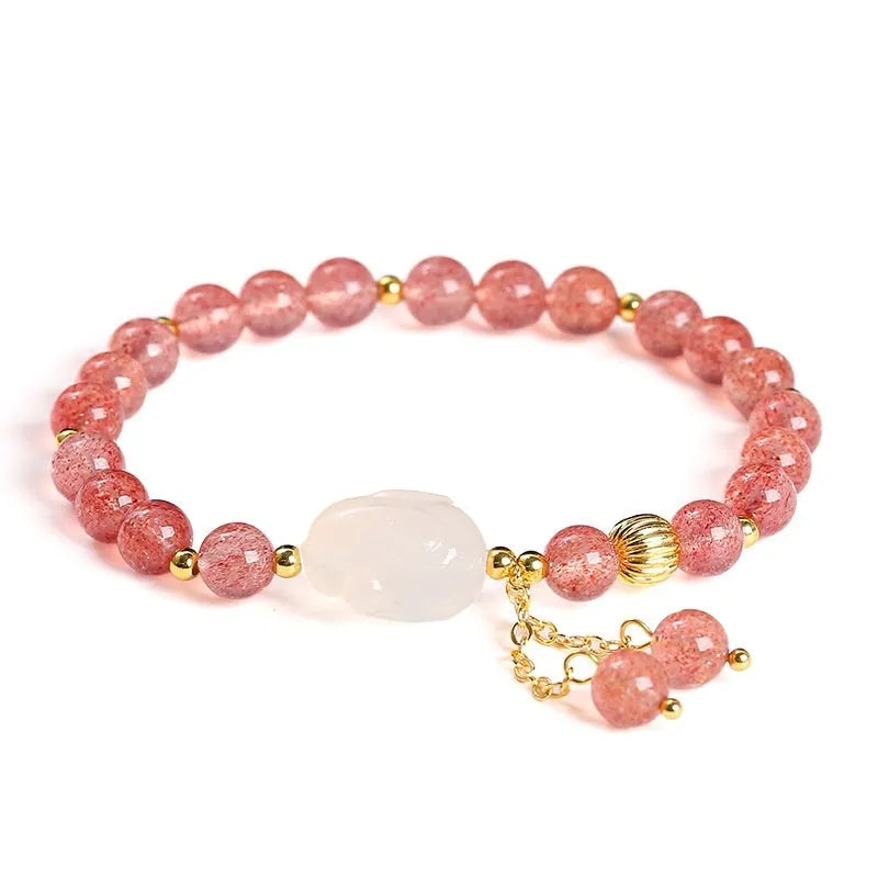 Women's strawberry quartz agate bracelet with white rabbit charms and 6mm geometric beads