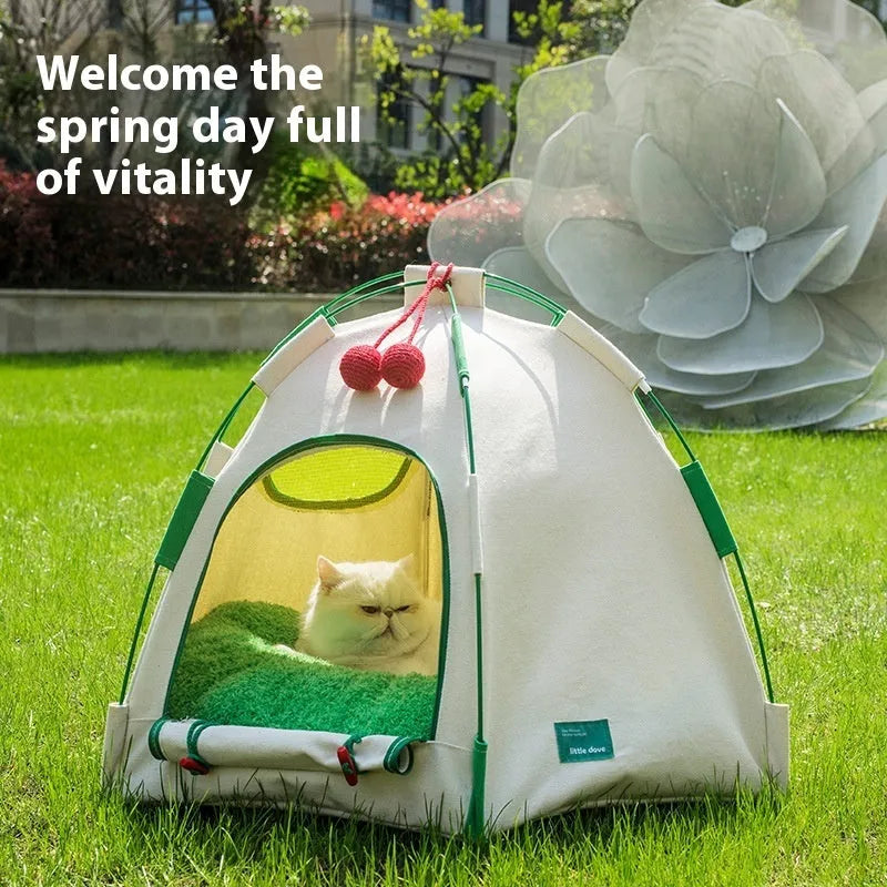 Grey dome-shaped cloth tent cat bed with a removable thick cushion pad inside.