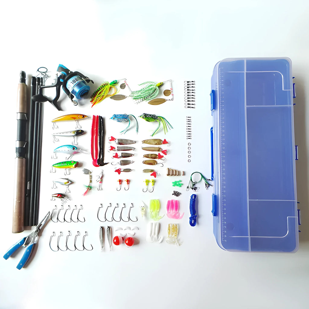 Portable lure rod fishing lure box set in picture colour with rod, reel, baits, hooks, and pliers inside a 46x19x8cm case