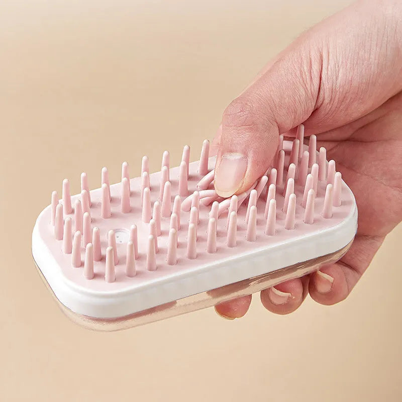 Grey silicone pet bath brush with square scrub pad and curved handle for dogs and cats