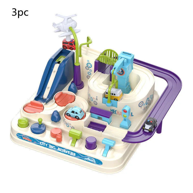 Big adventure parking lot rail car track toy set with plastic cars and handle control