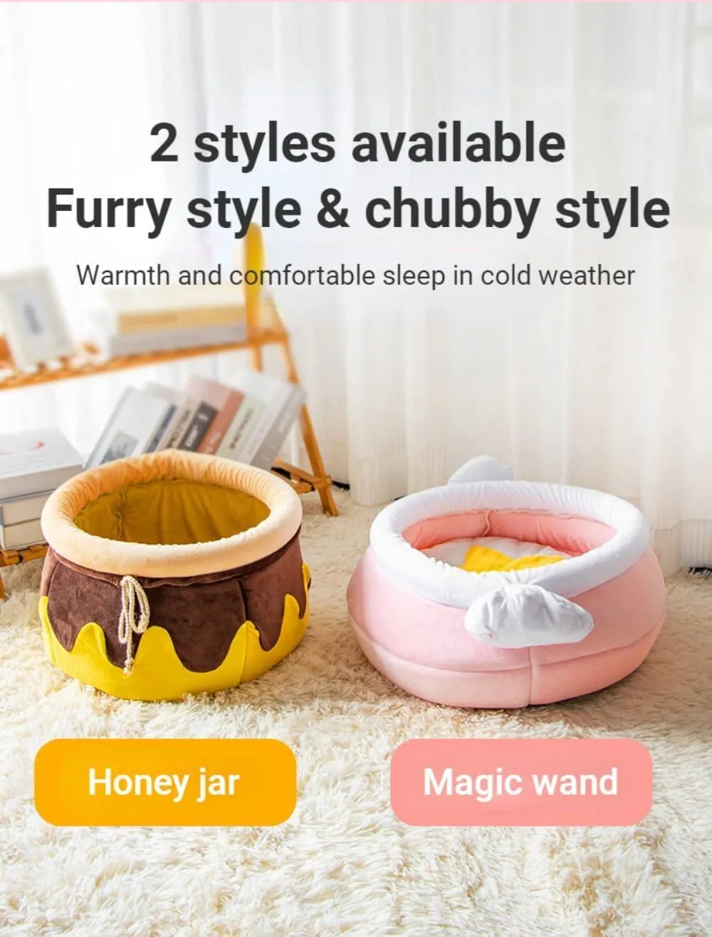 Pink honey pot shaped cat sofa bed with soft fleece and a removable cushion for small pets.