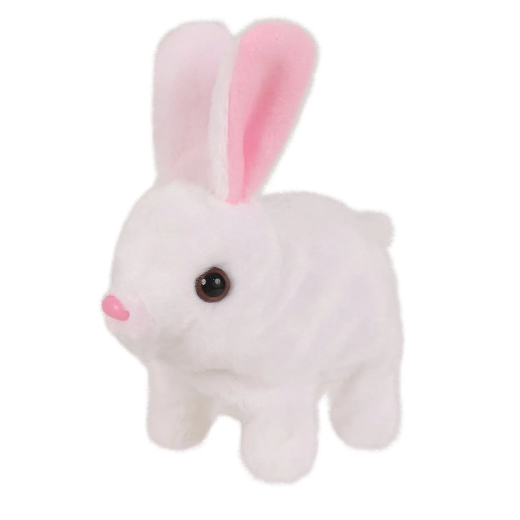 Electric realistic rabbit plush toy in plush material with carrot accessory on white background