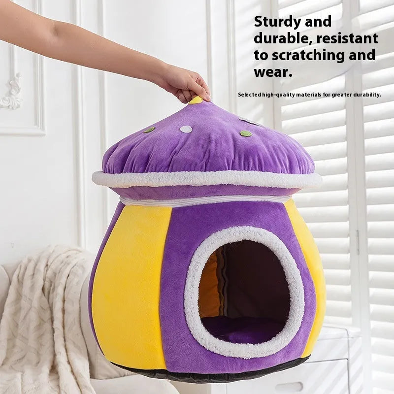Grey mushroom-shaped plush cat bed with high walls and a detachable thermal blanket inside.