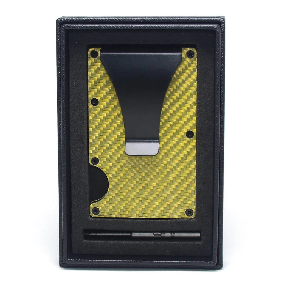 CH6600 slim geometric card holder in black carbon fibre, showing front profile and thickness.