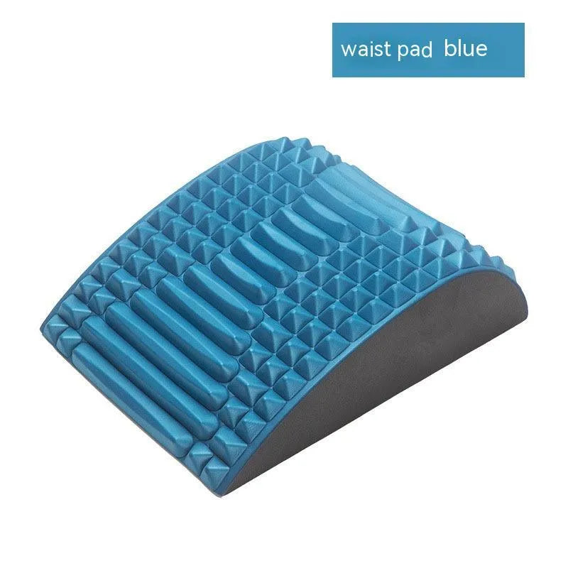 Blue back stretcher pillow for lumbar and neck support on a grey background.