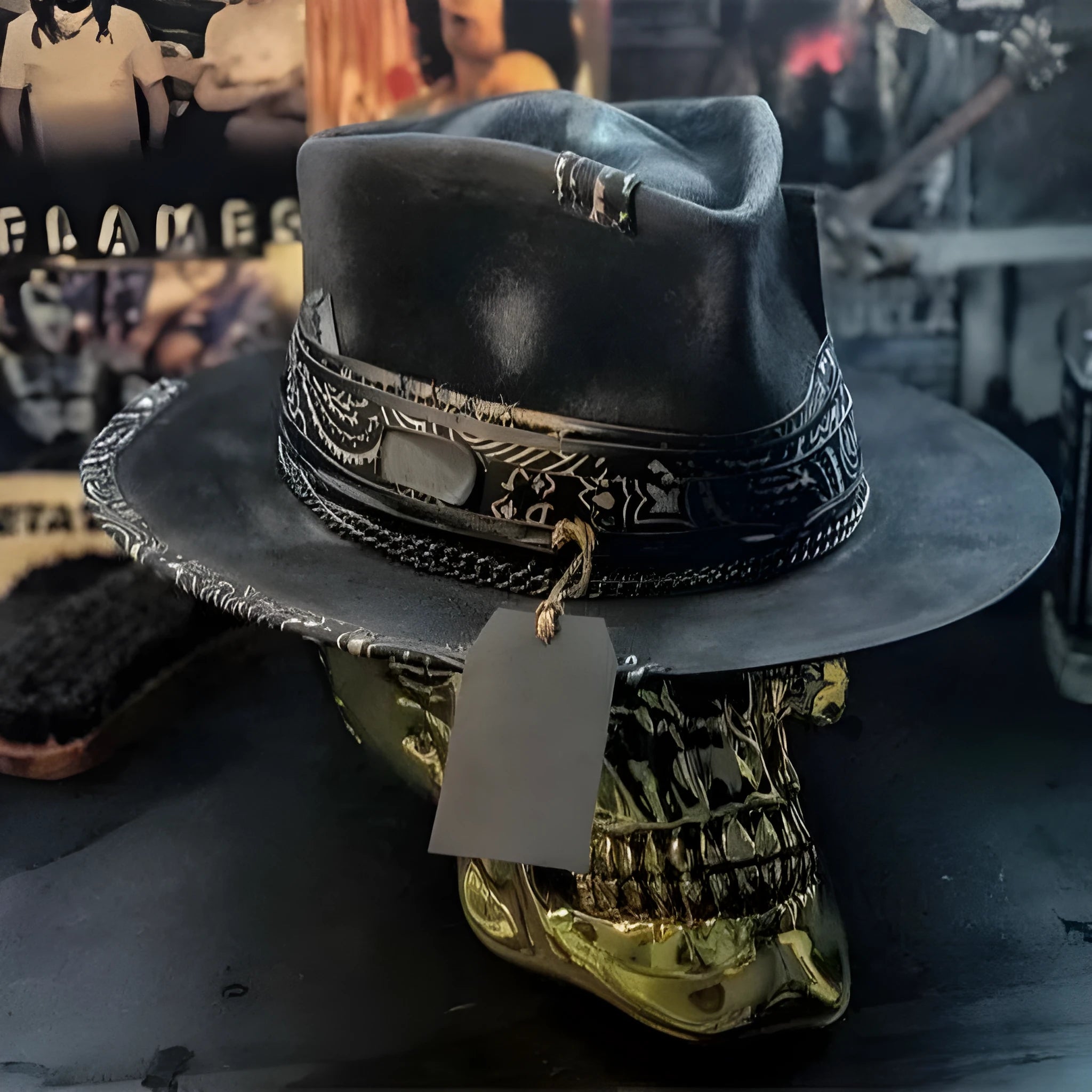 Handmade black wool felt skull hat with conical crown and blue denim accent band, shown from the side.