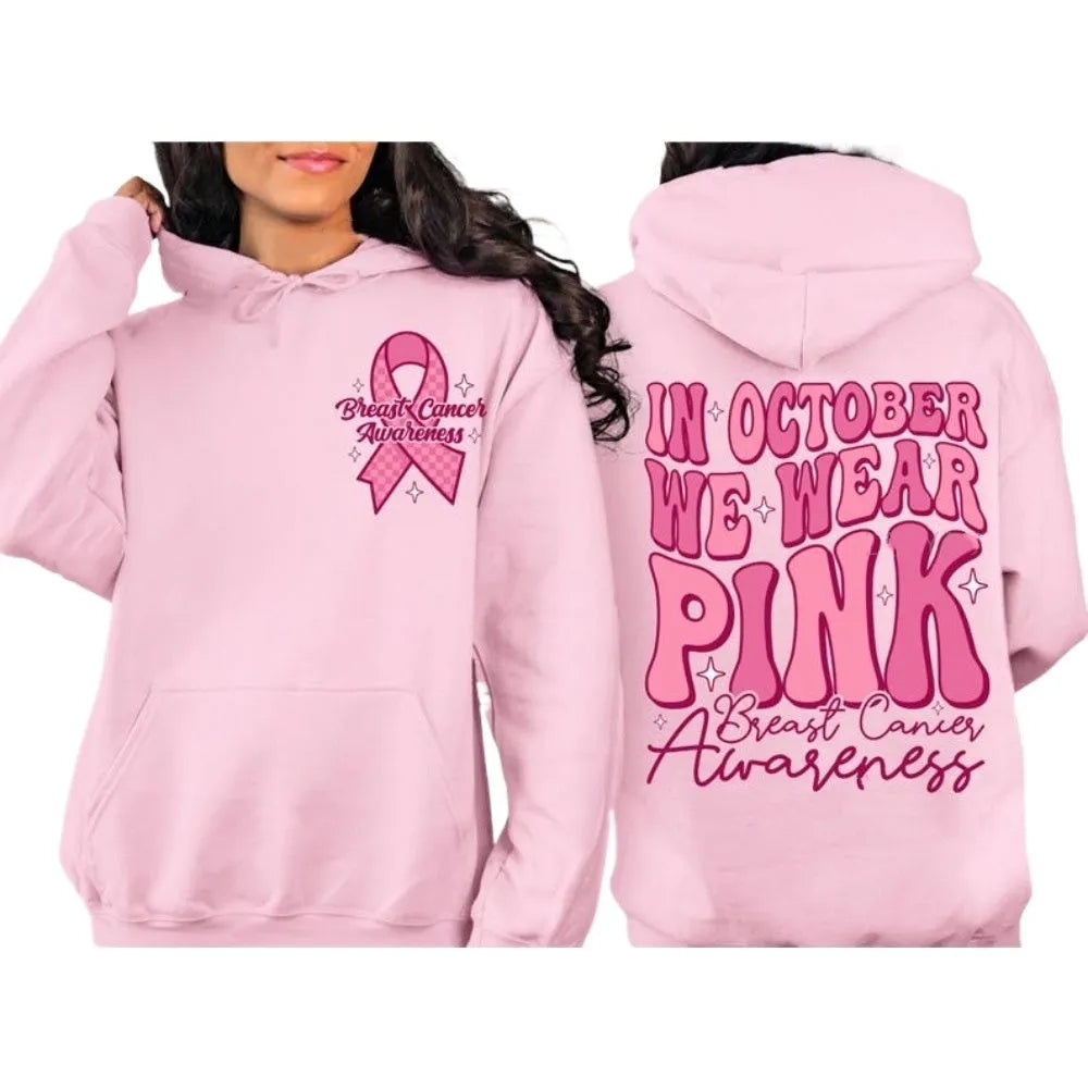 Women's pink breast cancer awareness hoodie with art retro pattern and side seam pockets.