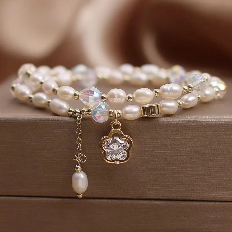Pearl cherry blossom bracelet double-layer with flower pendant for women light luxury jewellery