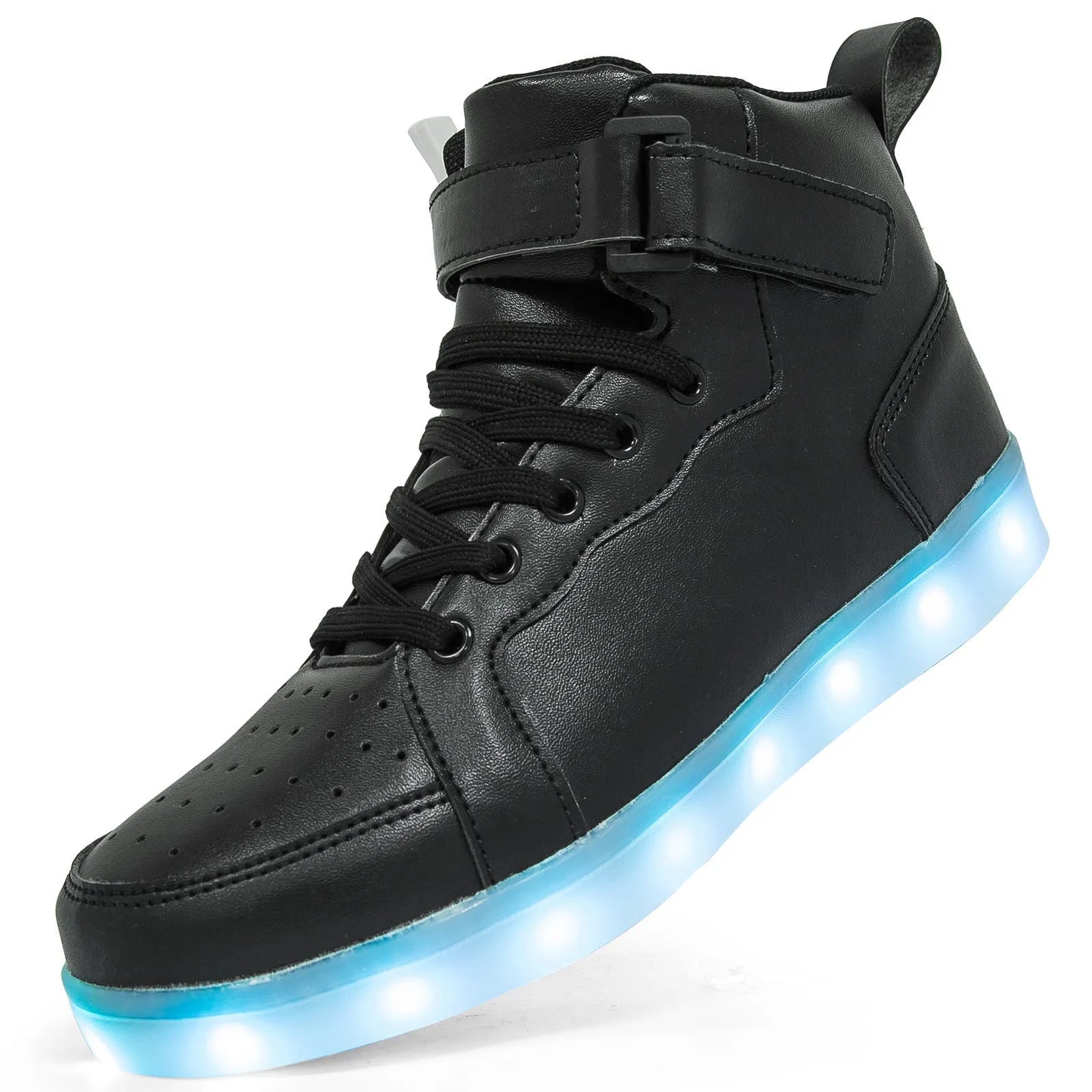 A pair of black high-top LED dancing shoes with Velcro fastening and a lit-up sole.