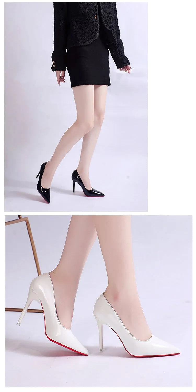 Solid colour women's pointed toe pumps with a stiletto heel on a rubber sole.