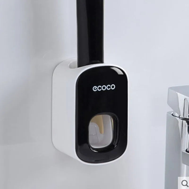 Wall mounted automatic toothpaste dispenser and toothbrush holder set with suction cup mounting