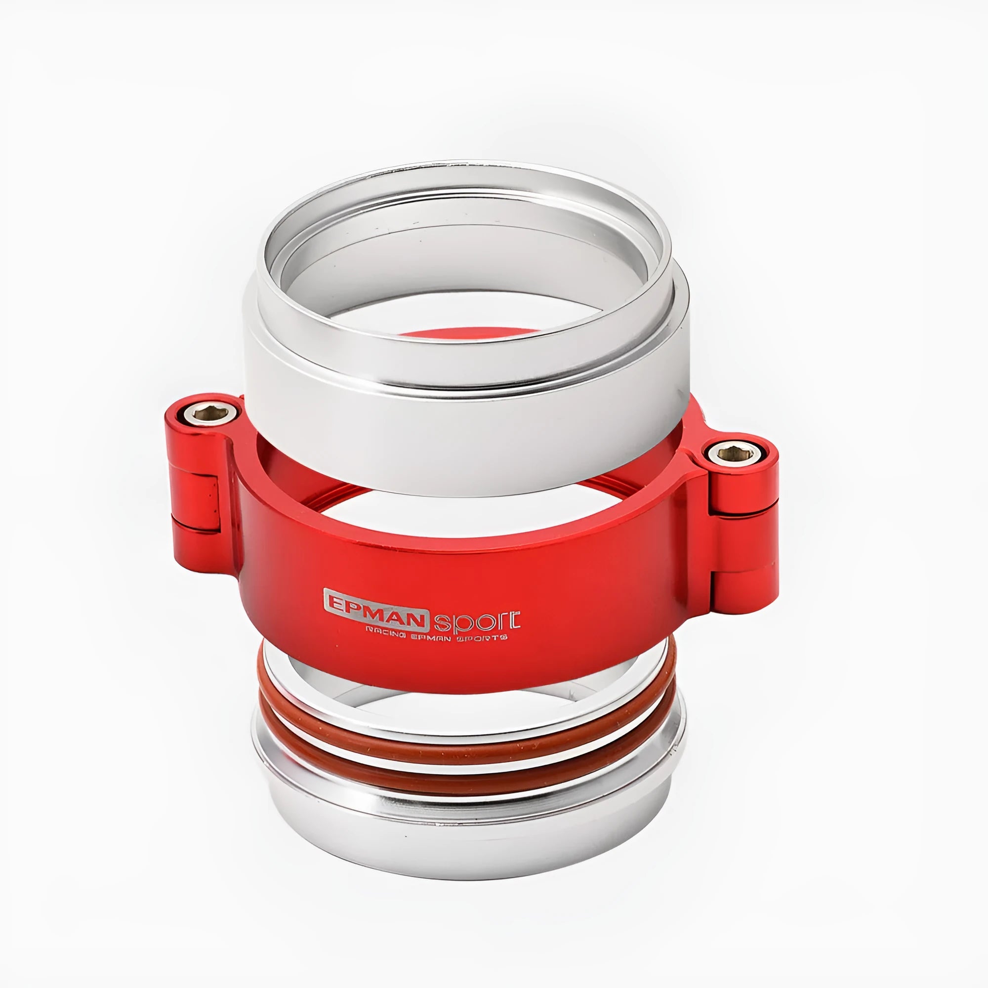Aluminium fixed movement exhaust clamp for turbo downspouts in black, blue, and red colour options.
